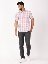 Men's Pink Casual Regular Fit Checkered Half Sleeves Shirt