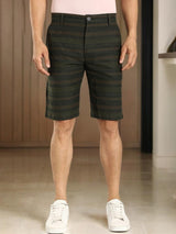 Men's Green Casual Slim Fit Striped Shorts