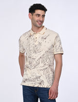 Men's White Casual Regular Fit Printed Half Sleeves Polo Tshirt
