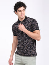 Men's Black Casual Regular Fit Printed Half Sleeves Polo Tshirt