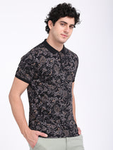 Men's Black Casual Regular Fit Printed Half Sleeves Polo Tshirt