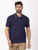 Men's Navy Casual Regular Fit Printed Half Sleeves Polo Tshirt