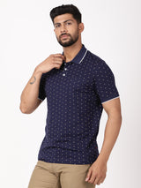 Men's Navy Casual Regular Fit Printed Half Sleeves Polo Tshirt