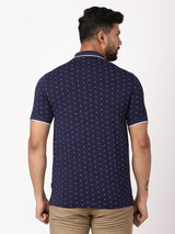 Men's Navy Casual Regular Fit Printed Half Sleeves Polo Tshirt