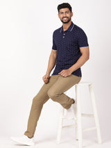 Men's Navy Casual Regular Fit Printed Half Sleeves Polo Tshirt