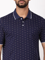 Men's Navy Casual Regular Fit Printed Half Sleeves Polo Tshirt