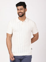 Men's White Casual Regular Fit Striped Half Sleeves Polo Tshirt