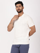Men's White Casual Regular Fit Striped Half Sleeves Polo Tshirt