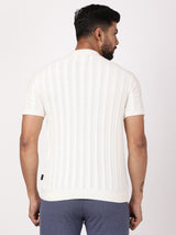 Men's White Casual Regular Fit Striped Half Sleeves Polo Tshirt