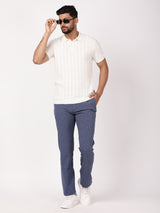 Men's White Casual Regular Fit Striped Half Sleeves Polo Tshirt