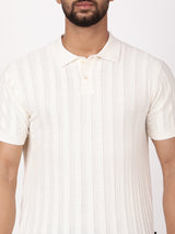 Men's White Casual Regular Fit Striped Half Sleeves Polo Tshirt