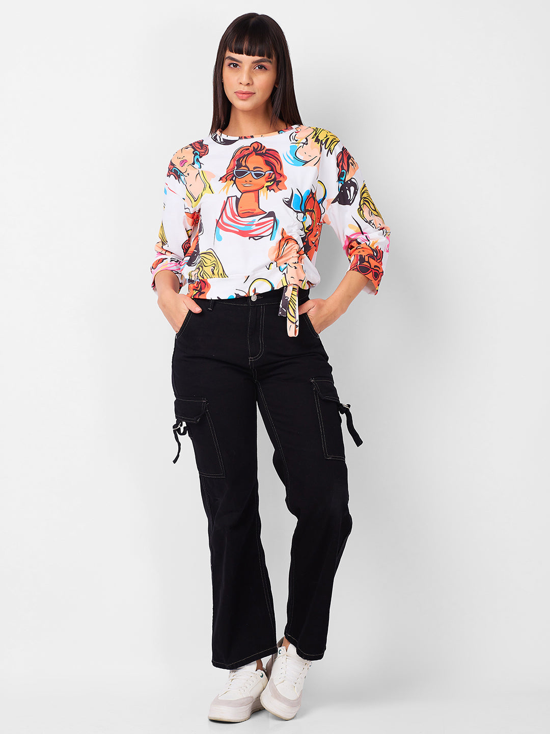 Women's Multicolor Casual Printed Three Quarter Sleeves Top