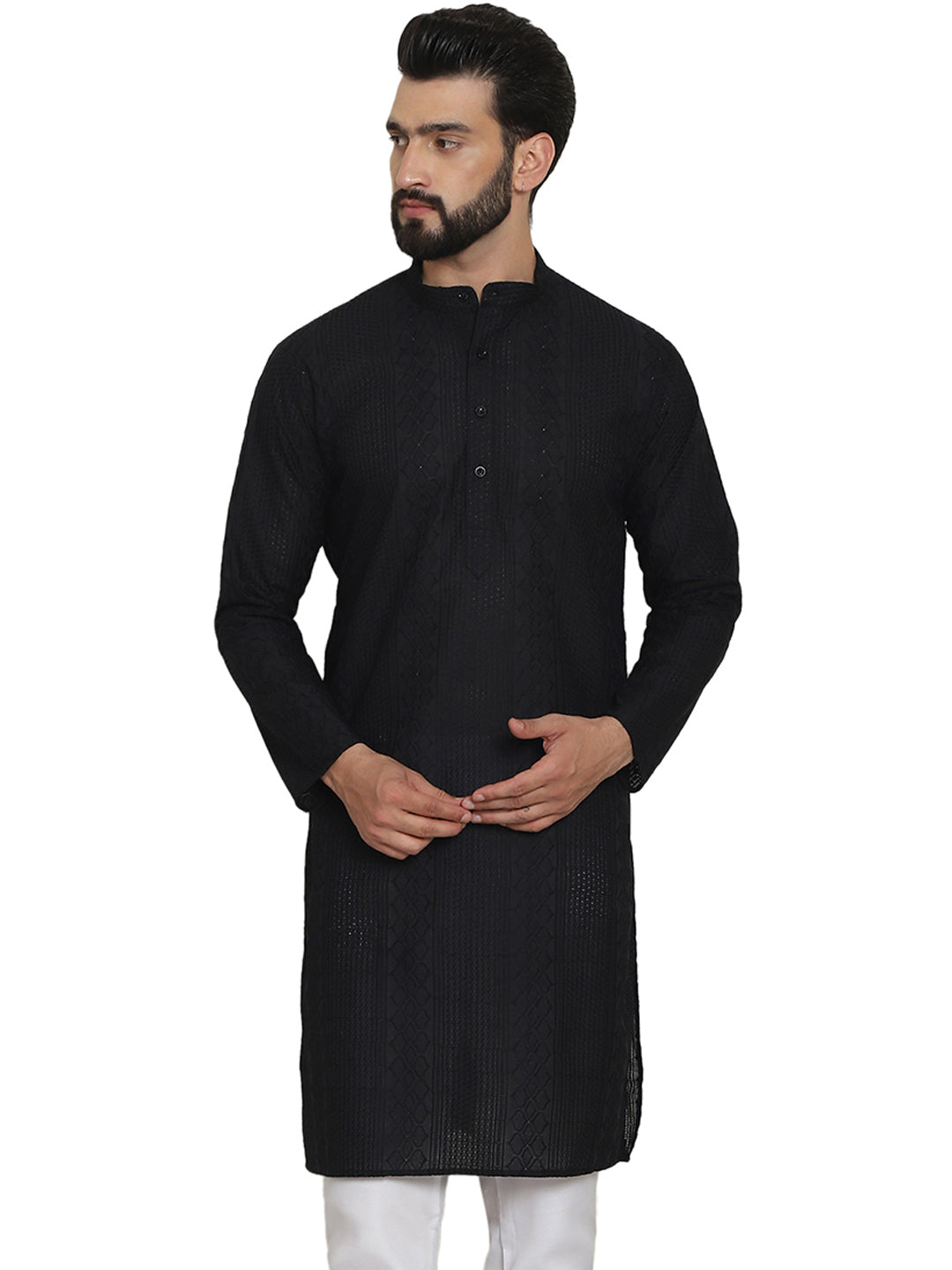 Men's Black Full Sleeves Embroidered Straight Kurta