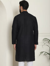 Men's Black Full Sleeves Embroidered Straight Kurta