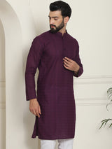 Men's Purple Full Sleeves Embroidered Straight Kurta