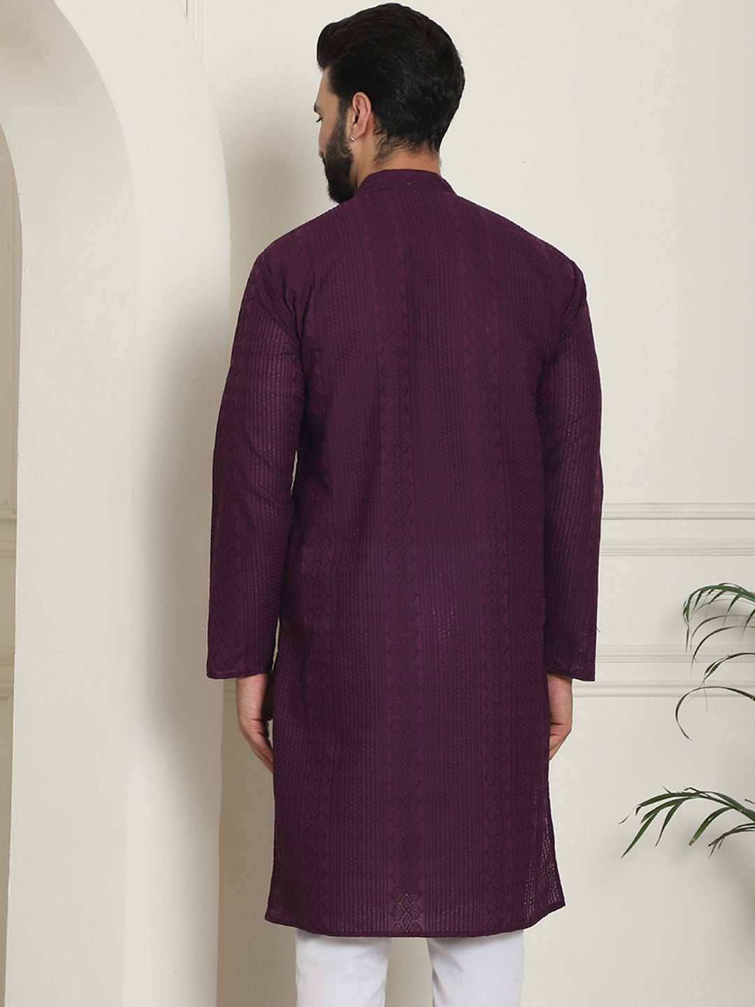Men's Purple Full Sleeves Embroidered Straight Kurta