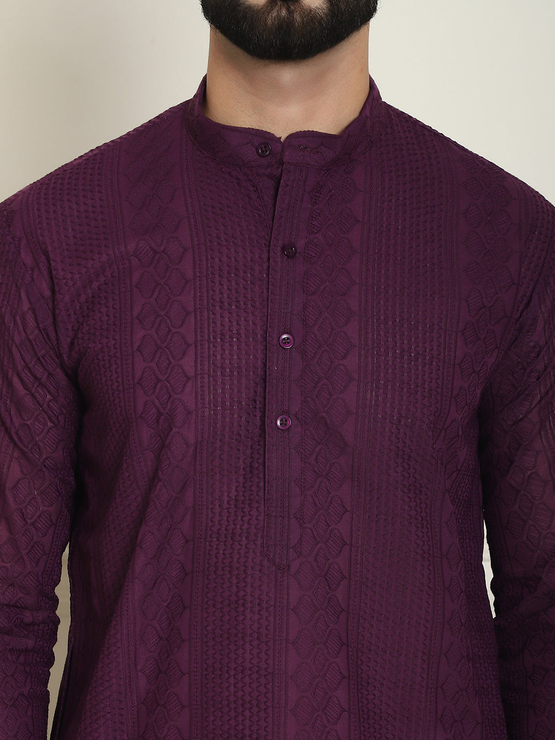 Men's Purple Full Sleeves Embroidered Straight Kurta