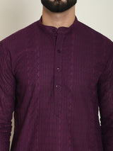 Men's Purple Full Sleeves Embroidered Straight Kurta