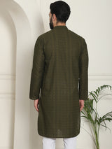 Men's Green Full Sleeves Embroidered Straight Kurta