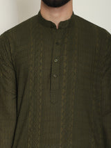 Men's Green Full Sleeves Embroidered Straight Kurta