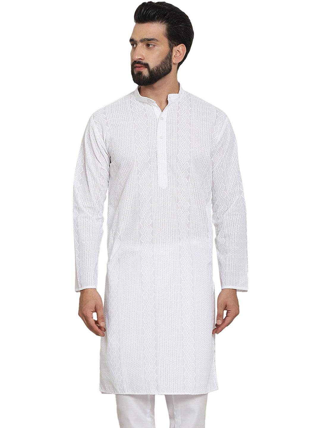 Men's White Full Sleeves Embroidered Straight Kurta