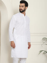 Men's White Full Sleeves Embroidered Straight Kurta