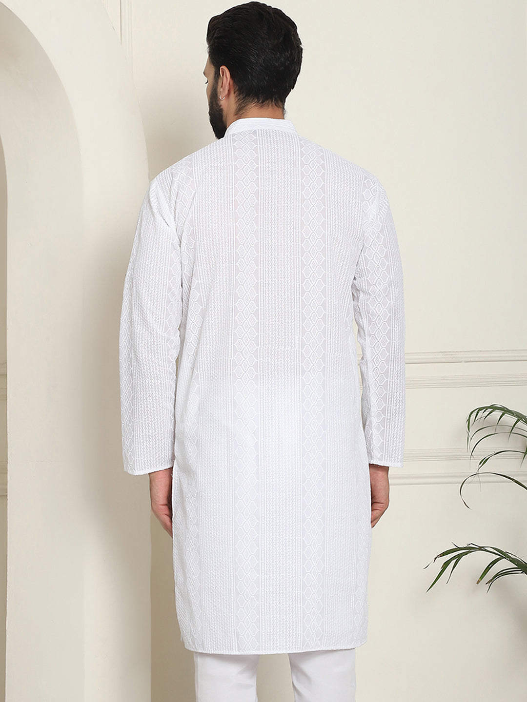 Men's White Full Sleeves Embroidered Straight Kurta