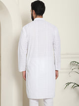 Men's White Full Sleeves Embroidered Straight Kurta