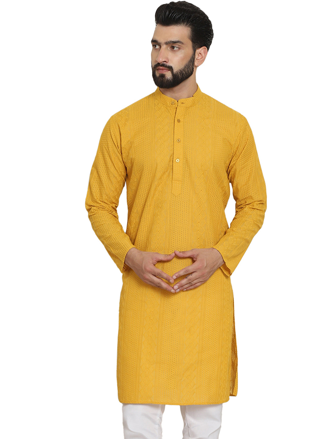 Men's Yellow Full Sleeves Embroidered Straight Kurta
