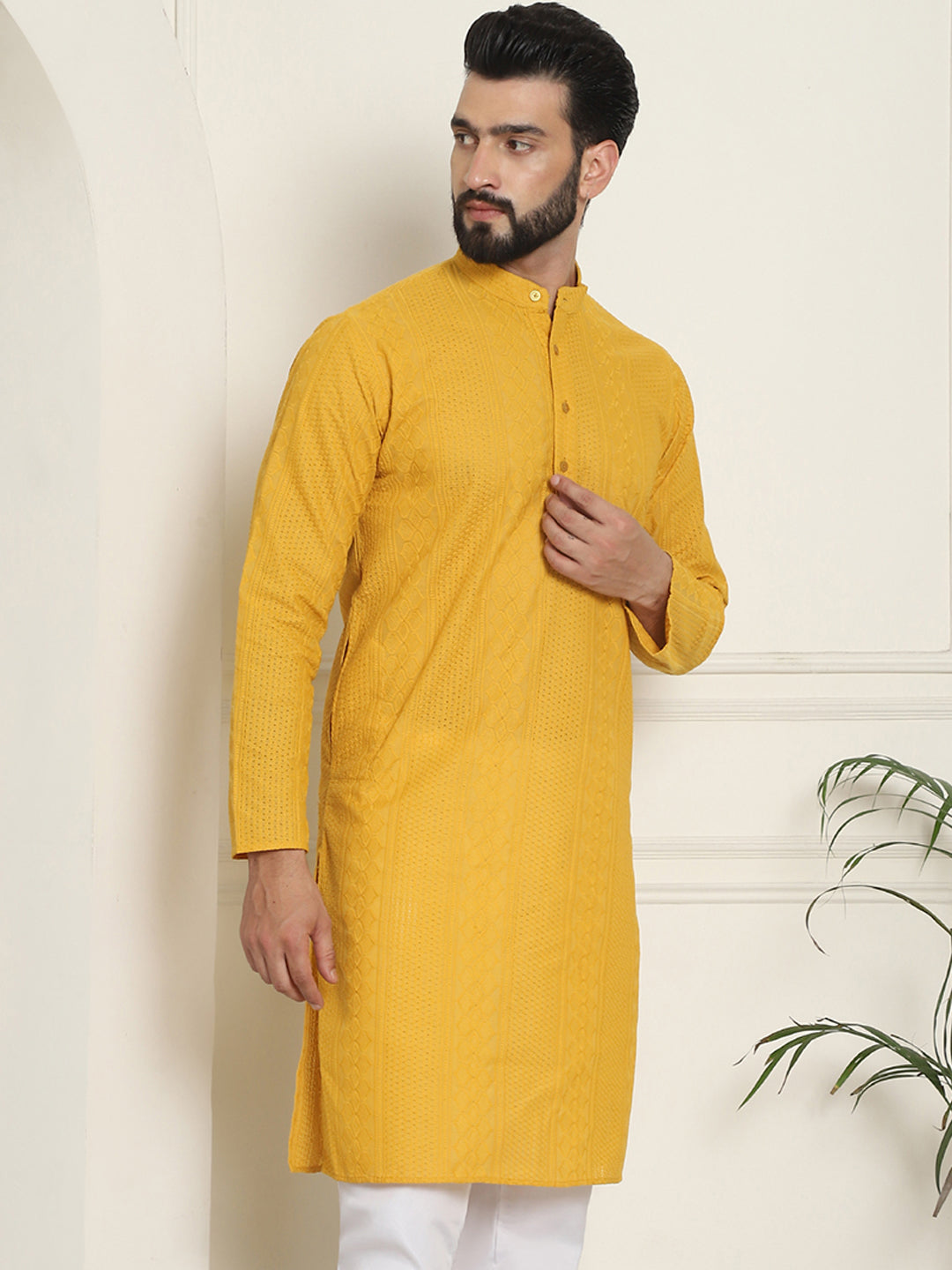 Men's Yellow Full Sleeves Embroidered Straight Kurta