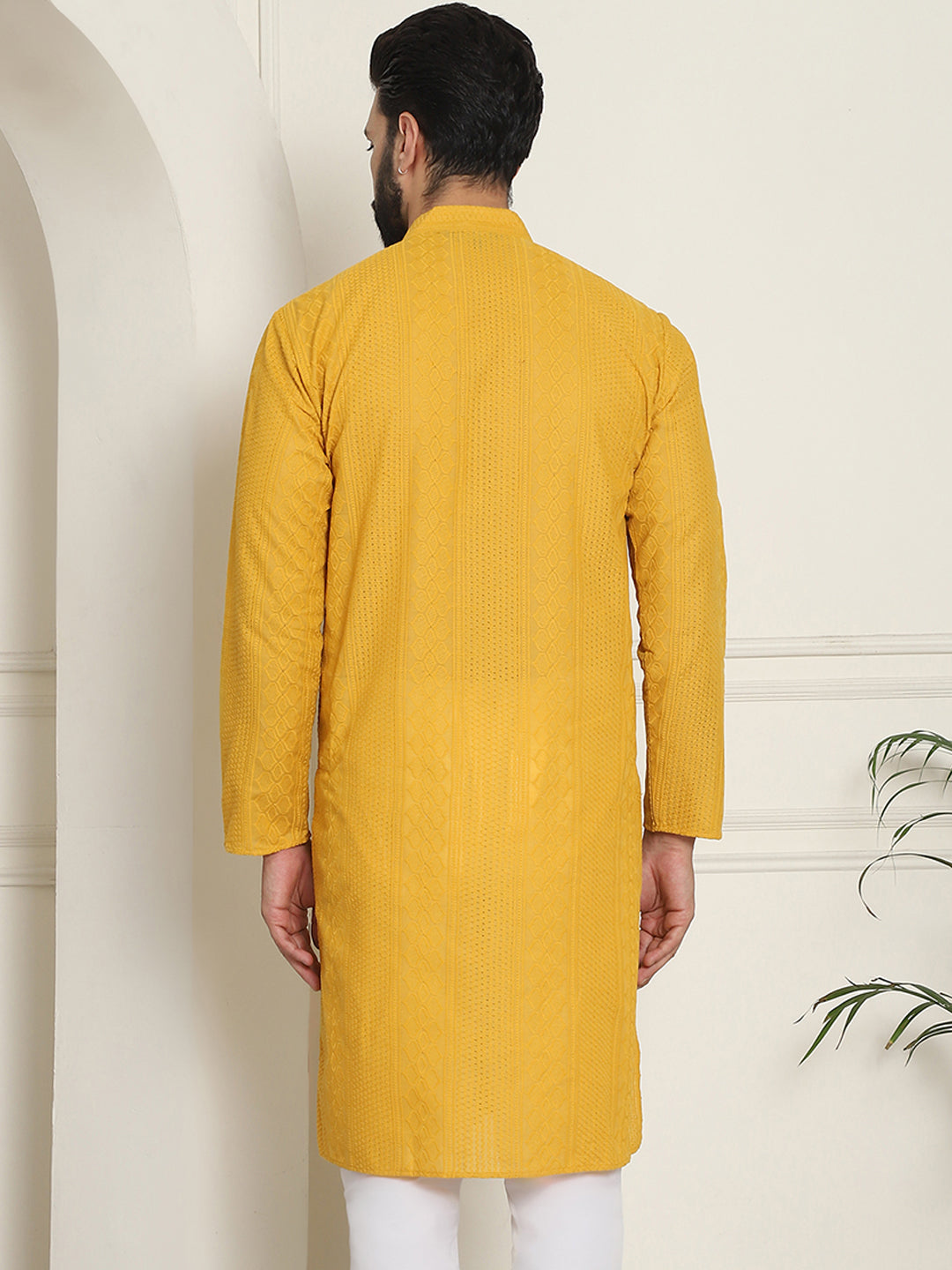 Men's Yellow Full Sleeves Embroidered Straight Kurta