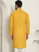 Men's Yellow Full Sleeves Embroidered Straight Kurta