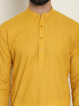 Men's Yellow Full Sleeves Embroidered Straight Kurta