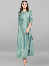 Women's Green Silk Blend Foil Print Flared Ethnic Dress