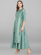 Women's Green Silk Blend Foil Print Flared Ethnic Dress