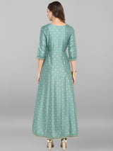 Women's Green Silk Blend Foil Print Flared Ethnic Dress