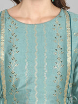 Women's Green Silk Blend Foil Print Flared Ethnic Dress