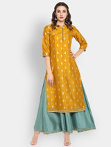 Women's Mustard & Green Silk Blend Foil Printed Anarkali Ethnic Layered Dress