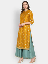 Women's Mustard & Green Silk Blend Foil Printed Anarkali Ethnic Layered Dress