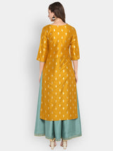 Women's Mustard & Green Silk Blend Foil Printed Anarkali Ethnic Layered Dress