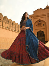 Women's Maroon Cotton Block Print Lehenga Choli With Dupatta