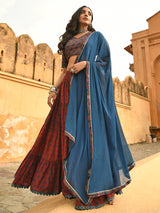 Women's Maroon Cotton Block Print Lehenga Choli With Dupatta
