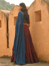 Women's Maroon Cotton Block Print Lehenga Choli With Dupatta