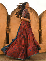 Women's Maroon Cotton Block Print Lehenga Choli With Dupatta