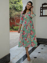 Women's Sea Green Cotton Floral Fit & Flare Dress