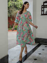 Women's Sea Green Cotton Floral Fit & Flare Dress