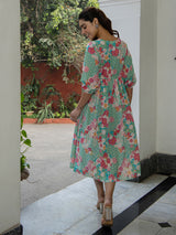 Women's Sea Green Cotton Floral Fit & Flare Dress