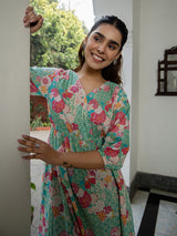 Women's Sea Green Cotton Floral Fit & Flare Dress