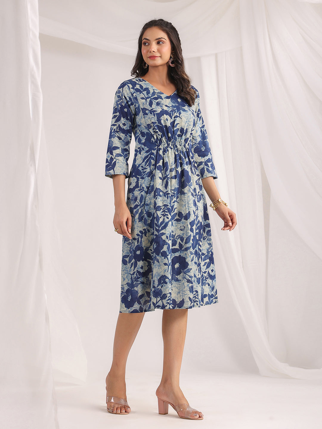 Women's Blue Cotton Floral Panelled Dress
