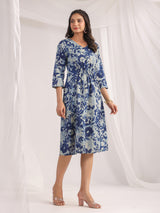Women's Blue Cotton Floral Panelled Dress